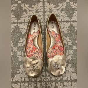 Y2K BOC Born Metallic Gold Leather Ballet Flats Shoes Flower Womens Size US 9